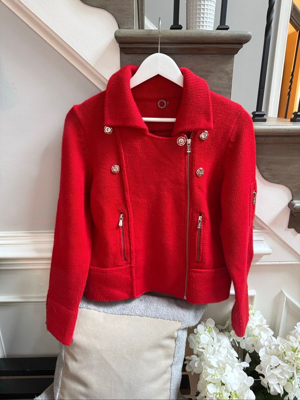 One Girl Who Red Large Snap Military Sweater Jacket sz L